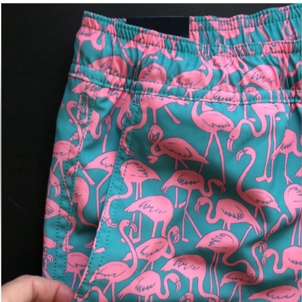 J. Crew Pink Flamingo Print Blue Swim Trunks - Picture 2 of 5